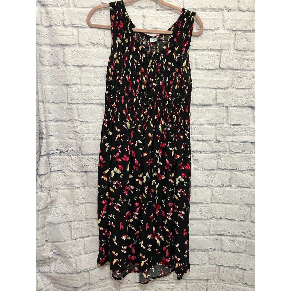 VTG Island Planet Black and Red Butterfly Print Midi Sundress Size S Festival